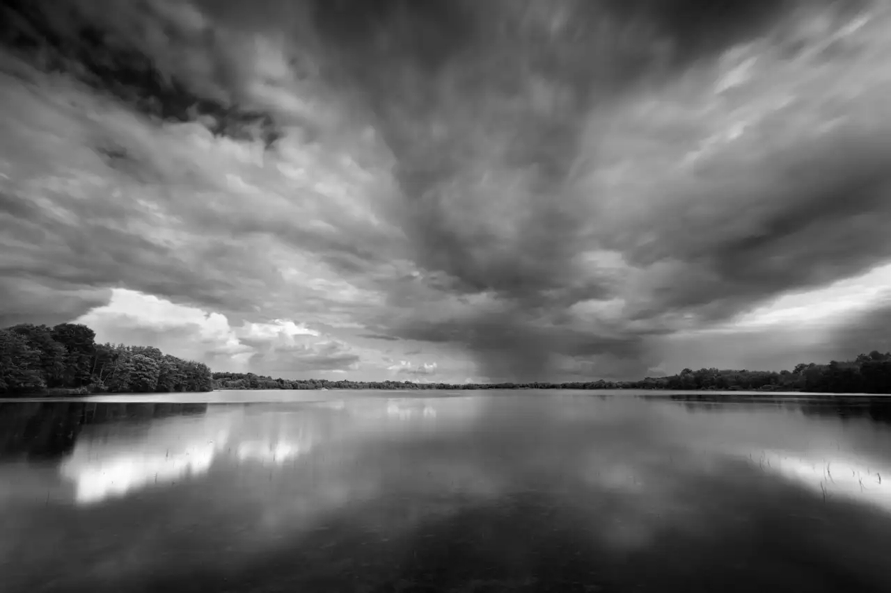 Landscape of a pond in the Dombes region. Black and white art photograph by Amar Guillen, artist photographer.